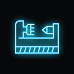 Bright blue neon icon of a lathe machine shining on a black background