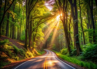 Serene Forest Road: Sunlit Path Through Lush Trees