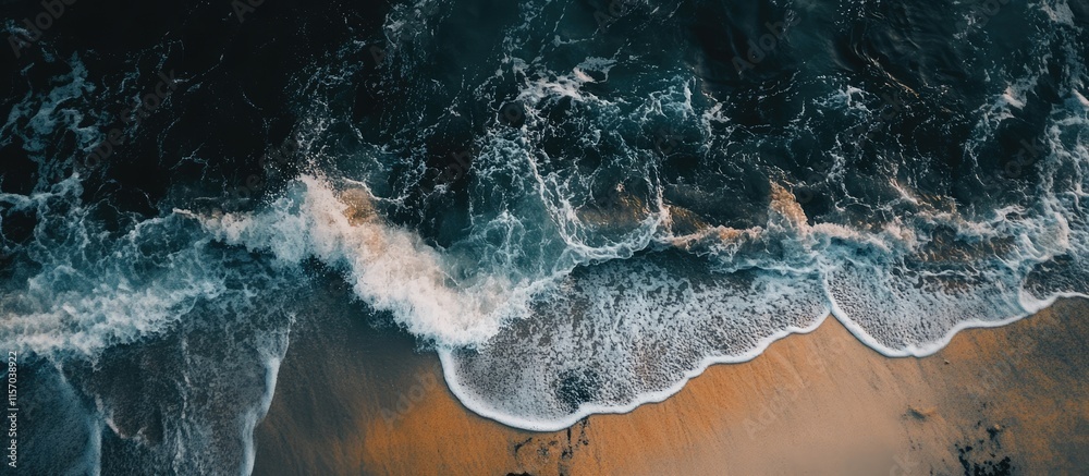 Poster ocean waves gently crashing on sandy shoreline creating a serene coastal landscape at sunset with ri