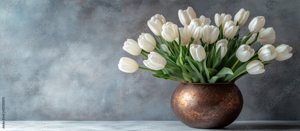 Poster elegant white tulips in a vintage copper vase on a textured concrete background with ample space for