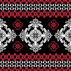 Red, white classic traditional damask design on black background, seamless pattern, vector illustration. Design for fabric ends and clothing. Motifs pattern.