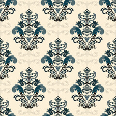 Obraz premium Soft green and cream classic Victorian traditional seamless damask pattern, vector illustration pattern, ethnic pattern, design for wallpaper, fabric, and backdrop.