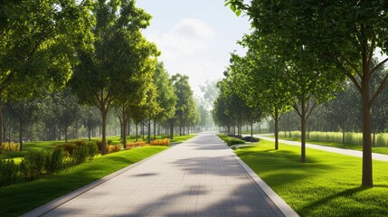 Obraz premium Lush pathway lined with green trees and plants.