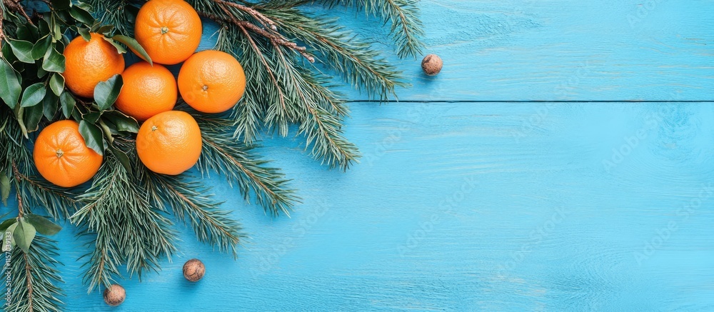 Poster flat lay composition of mandarins and green fir branches on azure wood background with space for mes