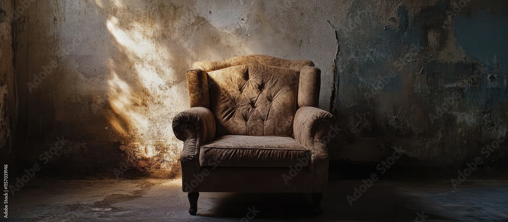 Poster Moody atmosphere with a weathered armchair illuminated by dramatic lighting in a dimly lit, textured interior space