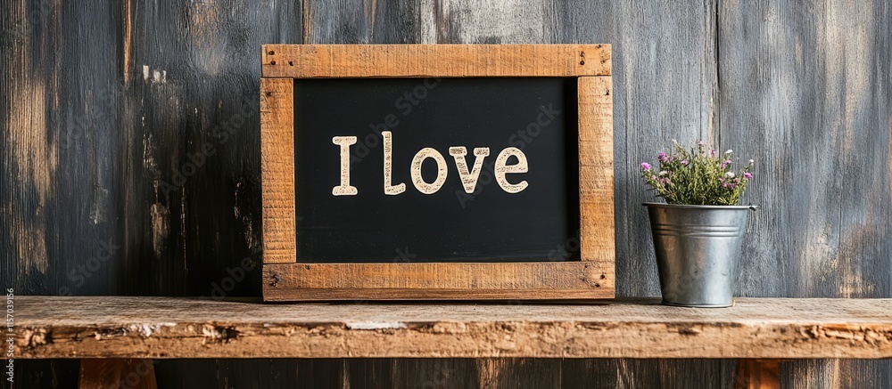 Poster rustic letter board with the phrase i love set on a wooden table surrounded by a potted plant creati
