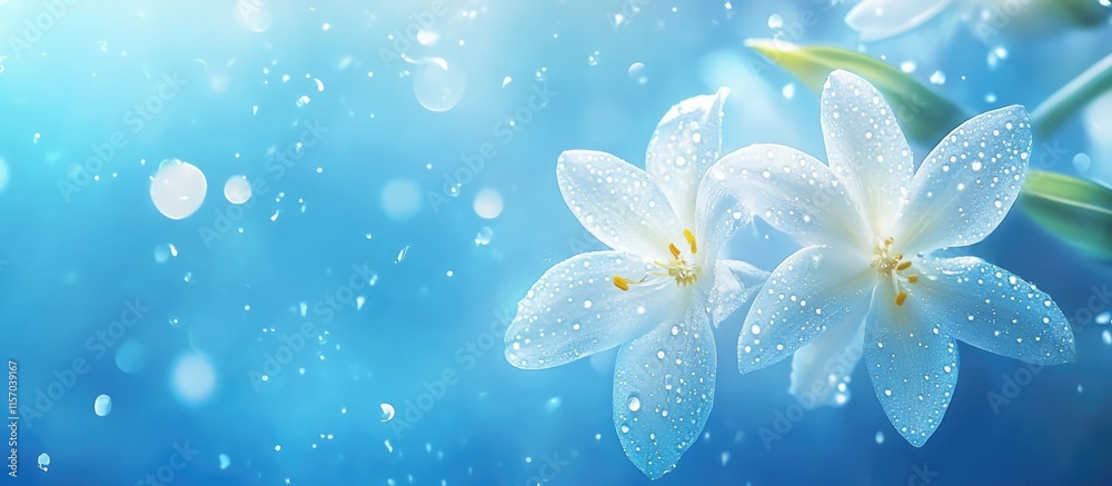 Aufkleber Delicate white orchids adorned with dew glisten against a serene blue background creating a tranquil and refreshing atmosphere