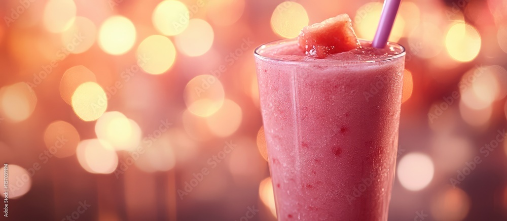 Aufkleber Refreshing watermelon smoothie in a glass with a straw against a vibrant bokeh background for a summer vibe
