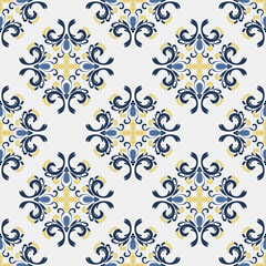 Blue, yellow, and white floral damask seamless vector background. baroque-style pattern. Graphic ornate pattern for wallpaper, fabric, packaging, and wrapping. Damask flower ornament. Vector formats

