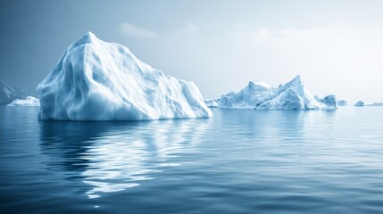 Majestic icebergs floating in serene waters.