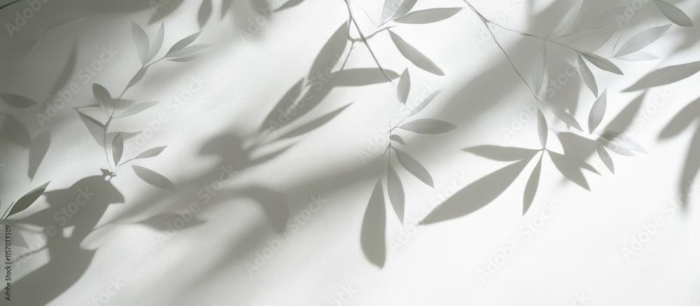 Poster minimalistic white wall showcasing soft shadows of yucca leaves illuminated by sunlight creating a s