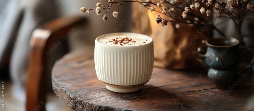 Poster cozy white ceramic cup filled with rich cocoa topped with creamy butter for inviting gatherings by a