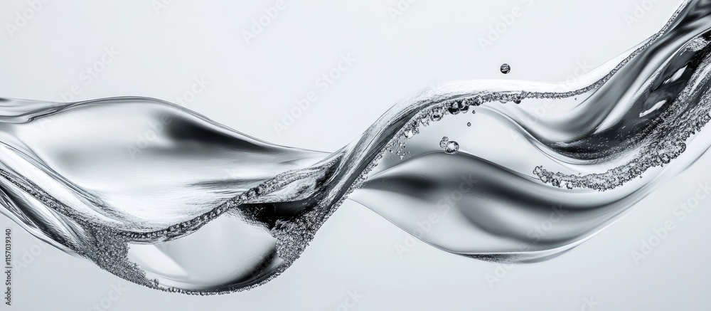 Poster Flowing water wave with bubbles creating a dynamic and serene liquid design on a light background for backgrounds or product displays
