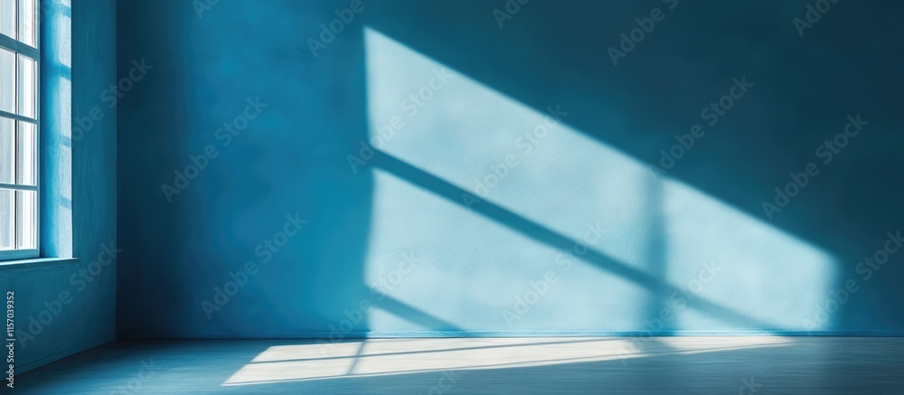 Poster Bright blue background with white empty space and soft shadows creating a serene atmosphere ideal for design or art composition.