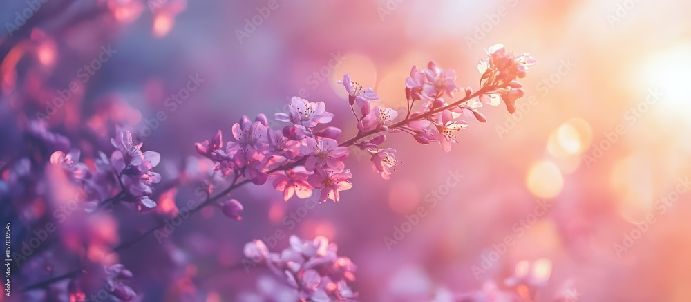 Poster soft pastel bokeh background with blooming flowers illuminated by warm sunlight for dreamy and calming visuals
