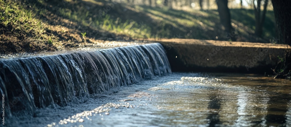 Poster Renewed flow of water cascading from a reservoir in a serene natural setting with lush greenery and sunlight filtering through trees