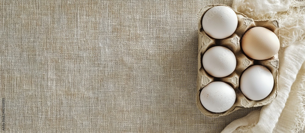Poster fresh white chicken eggs in a ceramic carton on a textured linen background with ample blank space f