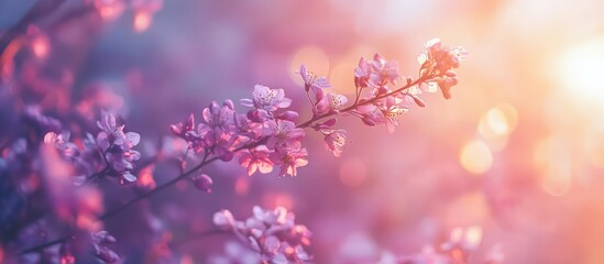 soft pastel bokeh background with blooming flowers illuminated by warm sunlight for dreamy and calming visuals