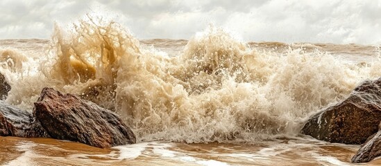 Stormy waves violently crashing against rocky shore under a cloudy sky showcasing nature's power and beauty during tumultuous weather.