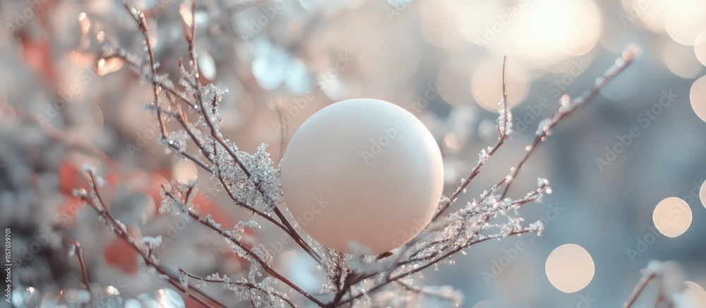 Aufkleber white ornamental christmas ball nestled in branches with shimmering bokeh lights creating a festive 