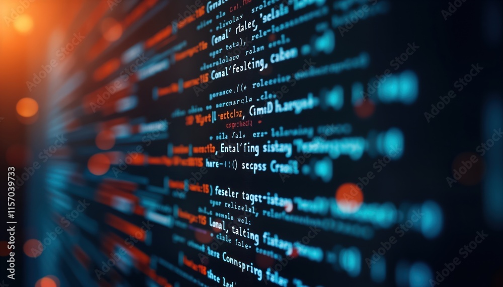 Fototapete Dynamic coding display shows data encryption algorithms. Secure tech system displays code. Coding data encryption system in progress. Digital data flows. Intricate coding process for digital