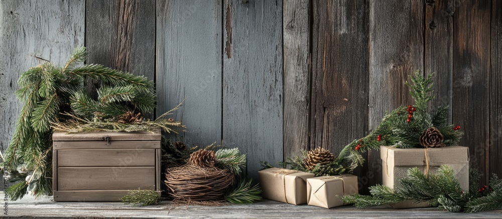 Poster vintage christmas setting with pine nesting box and wrapped gifts on a rustic wooden background show