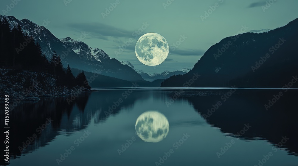 Poster mysterious moonlight reflecting on calm lake surrounded by mountains under a twilight sky creating a