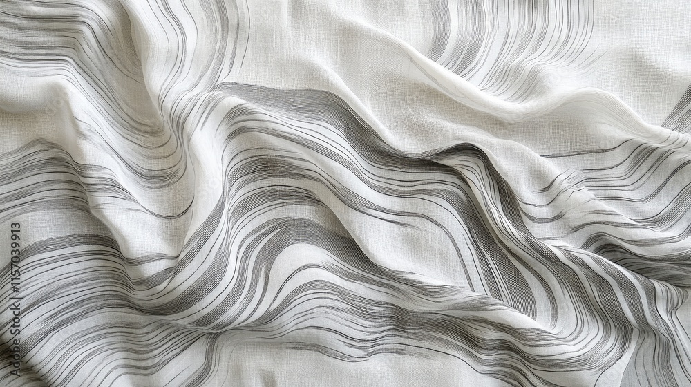Poster Elegant white silk fabric with subtle gray stripes and embossed wave patterns creating a sophisticated textile backdrop for luxury designs.