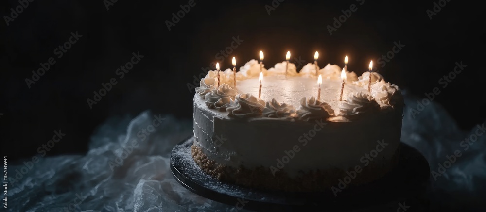 Poster elegant white cream cake adorned with lit candles set against a dark background creating a celebrato