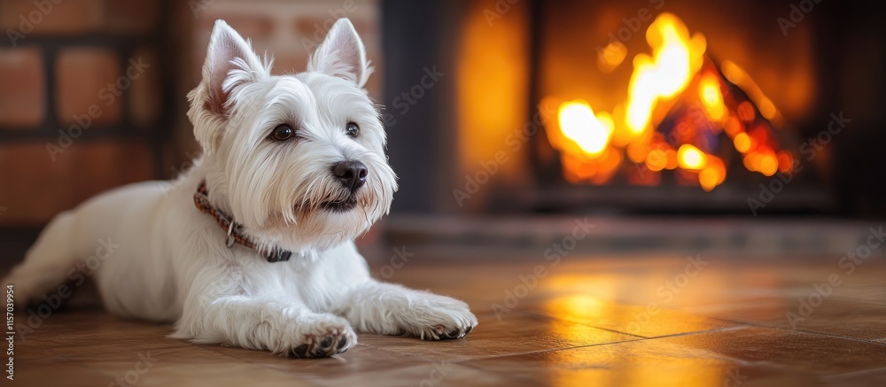 Poster west highland white terrier relaxing by a cozy fireplace creating a warm and inviting atmosphere in 