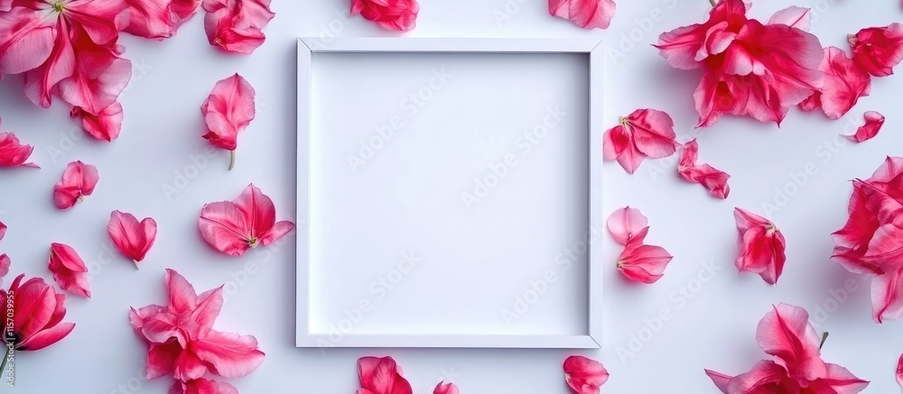 Poster elegant white square frame surrounded by vibrant pink tulip petals on a clean background ideal for f