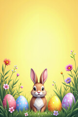 Obraz premium A cheerful Easter bunny sits amidst vibrant flowers and colorful Easter eggs, set against a warm yellow background, evoking the joy of Easter.