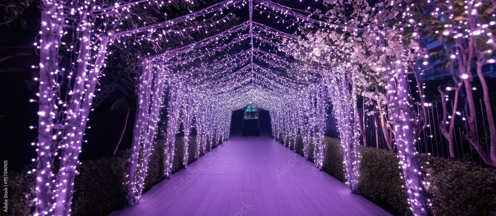 Poster Purple bokeh lights creating a magical illuminated pathway in a beautiful garden setting at night
