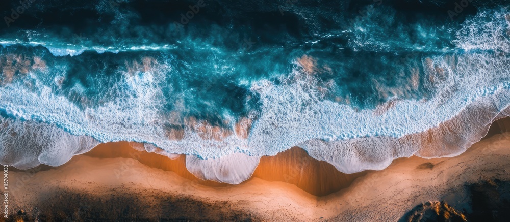 Poster aerial view of ocean waves crashing onto a sandy beach creating a serene coastal landscape scene.