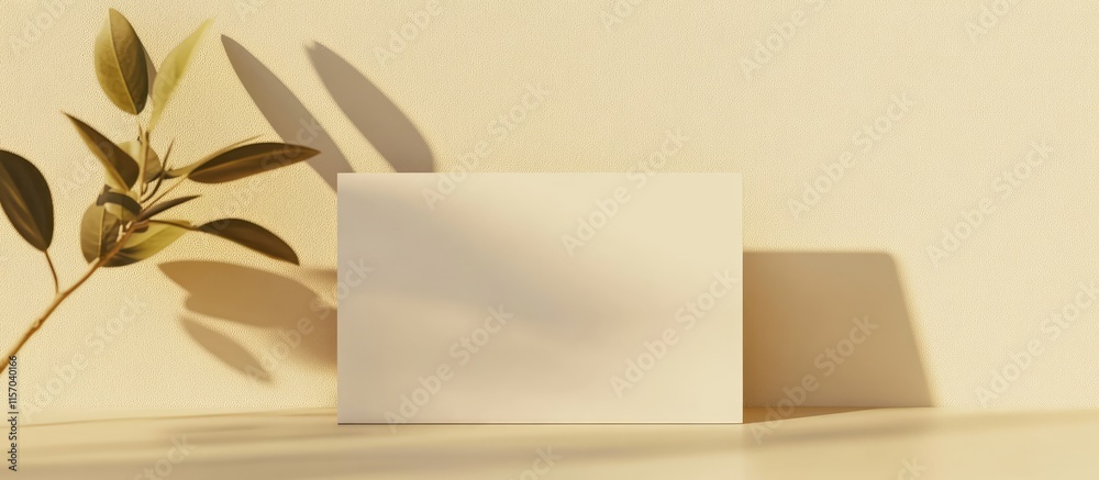 Poster elegant blank business card mockup on beige background with subtle shadow and greenery for wedding i