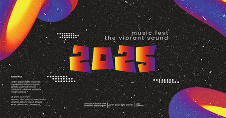 Happy new year 2025 sound wave music poster. Club party flyer. Futuristic gradients waves music background neon colors. 90s style