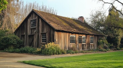 Weathered wooden farmhouse exterior in serene landscape with lush greenery and rustic charm captured in vibrant color photography.