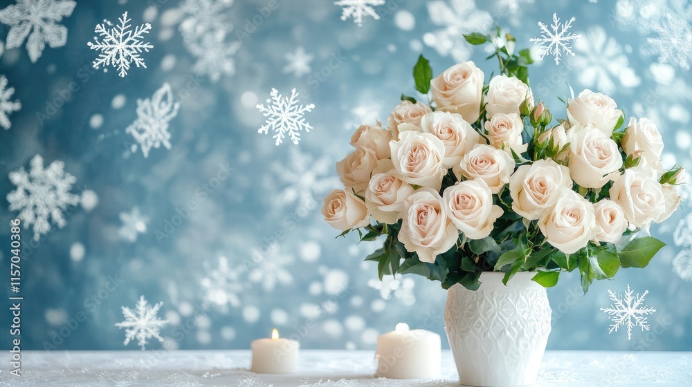 Poster elegant white table adorned with a bouquet of roses and candles against a festive snowflake backdrop