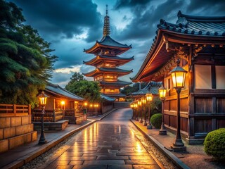 Obraz premium Serene Night at Japanese Temple: Illuminated Pagoda & Lantern Lit Pathway Stock Photo