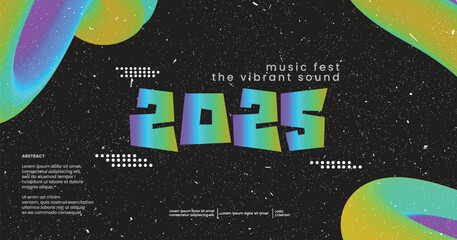 Happy new year 2025 sound wave music poster. Club party flyer. Futuristic gradients waves music background neon colors. 90s style