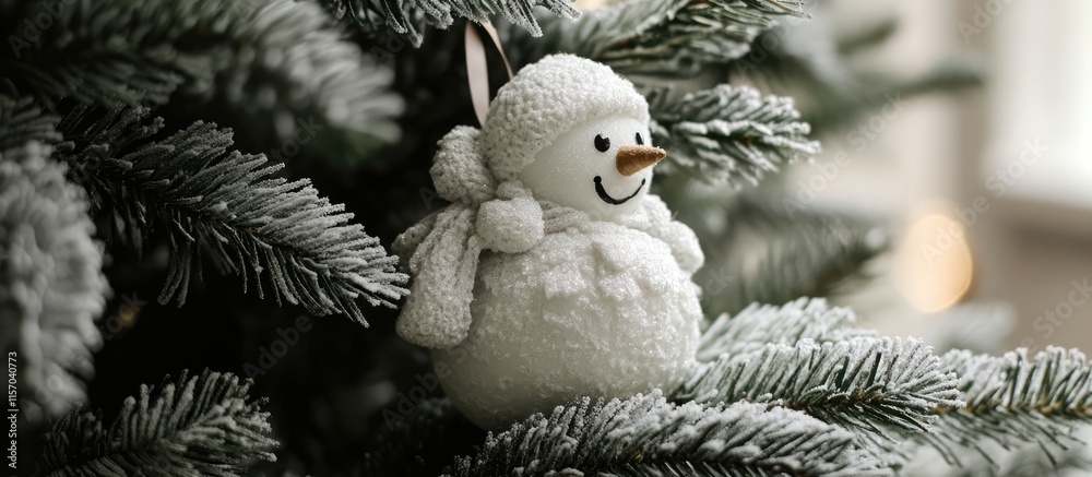 Poster Cute snowman ornament hanging on a Christmas tree surrounded by frosted pine branches creating a festive holiday atmosphere.