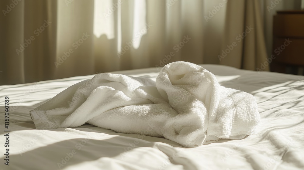 Aufkleber neatly folded white towel resting on a hotel bed with soft sunlight illuminating the serene resort a