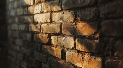 Textured vintage clay brick wall bathed in warm sunlight showcasing rustic charm and historical architecture aesthetic