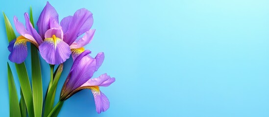 Vibrant violet iris flowers with bright green leaves on a soft blue background ideal for text and graphic overlay or design use