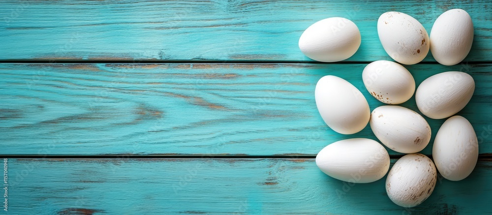 Poster white wooden eggs arranged on a colorful wooden table surface for festive or decorative themes in sp