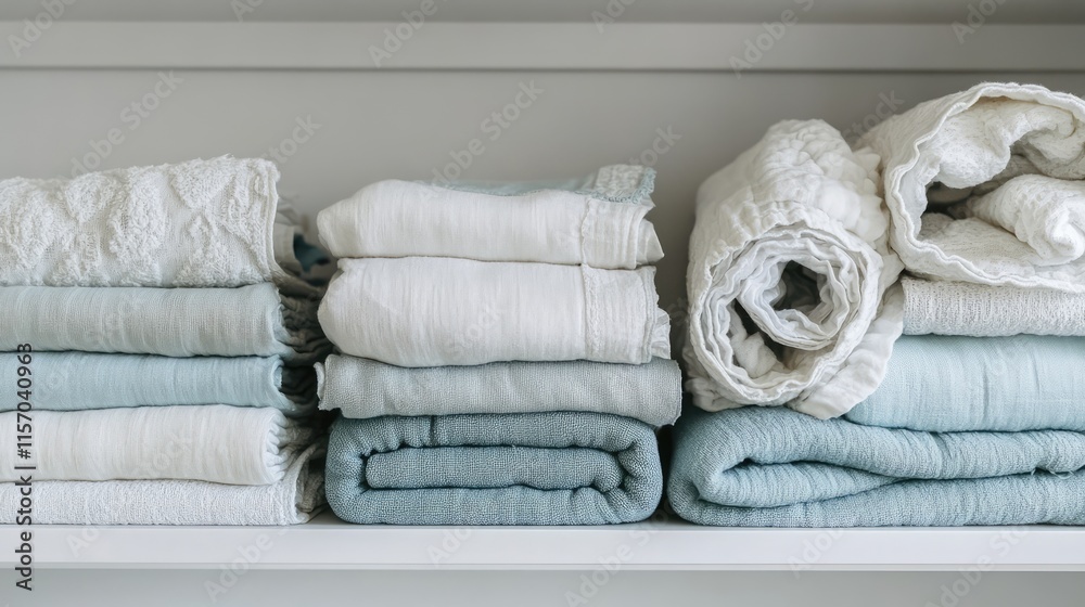 Poster rolled and folded white and light blue towels neatly arranged on a shelf in a clean and organized ba