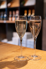 Tasting sparkling white wine, traditional champagne method making of cremant in caves on Moselle river valley in Luxembourg, wine tour and visiting caves