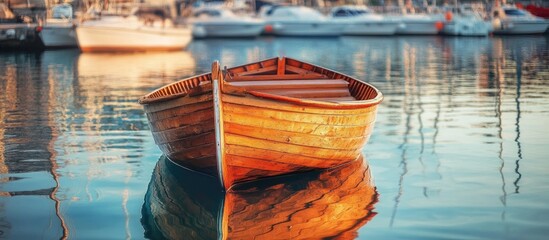 Obraz premium Classic wooden boat moored in tranquil harbor reflecting serene waters and surrounded by modern vessels in a picturesque setting.