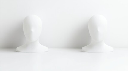 Minimalistic white mannequin heads on table.