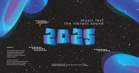 Happy new year 2025 sound wave music poster. Club party flyer. Futuristic gradients waves music background neon colors. 90s style